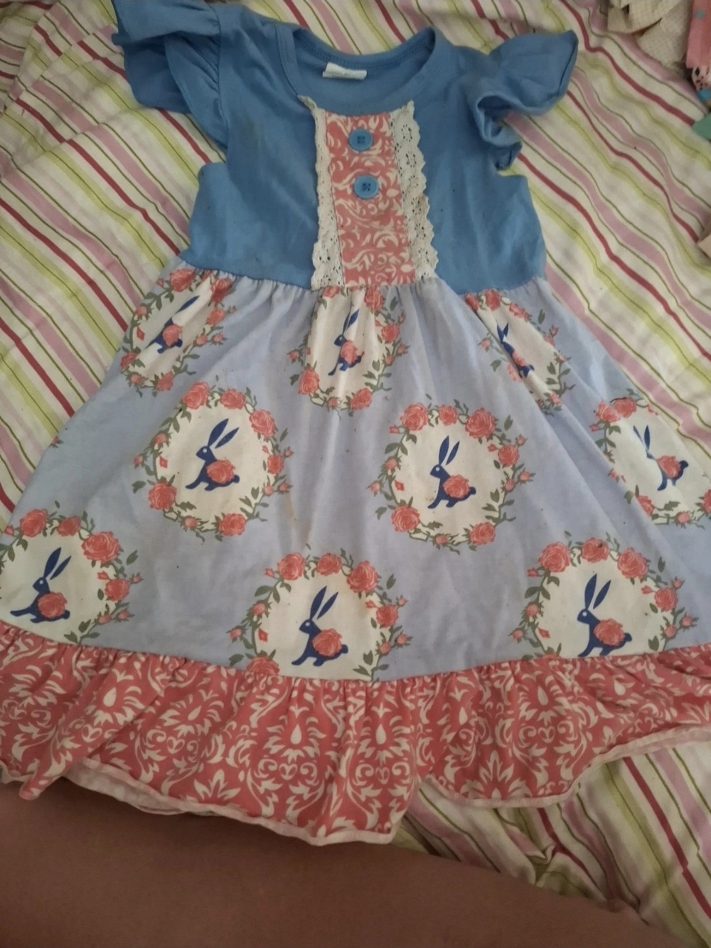 Blue & Coral Bunny Floral Girls' Dress